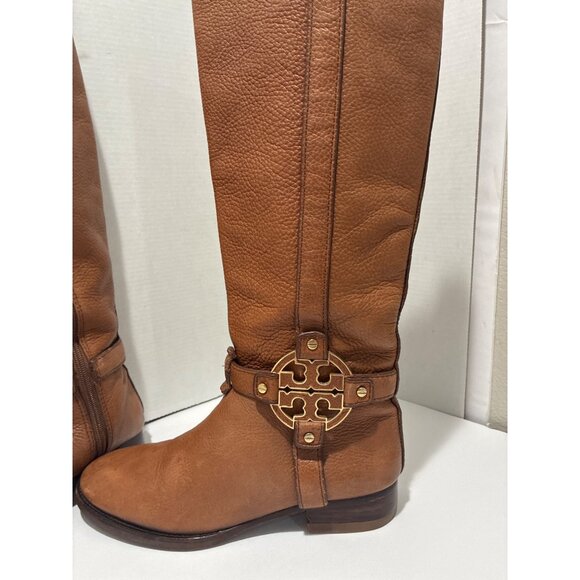 Tory Burch Brown Leather Tall Riding Women’s Boots Shoes Size 7 logo accent - Picture 3 of 12